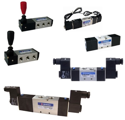 5 port 3 position pneumatic air control valves, solenoid, lever and air pilot.
