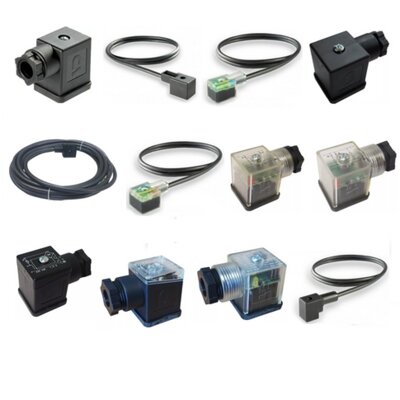 DIN ISO Standard 43650A (Square), 43650B (Rectangular) + Form B + Industrial and Form C micro + Analogue Electrical Connectors with or without LED, LED+VDR, Bridge Rectifier or Bridge Rectified with LED