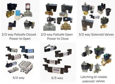 Search solenoid valves by function, 2, 3 + 5 way normally closed, open + latching function.