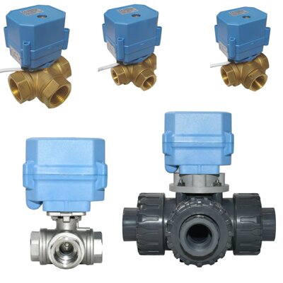 3 way motor and air actuated ball + butterfly valves, Open/Close, Failsafe + Modulating control, Brass, Stainless + UPVC.