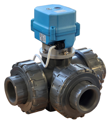 3 way motorised ball valves for diverting, mixing or distributing flow in automated process systems. Available in T-port and L-port designs with brass, stainless steel or UPVC bodies and electric or pneumatic ISO 5211 actuators.