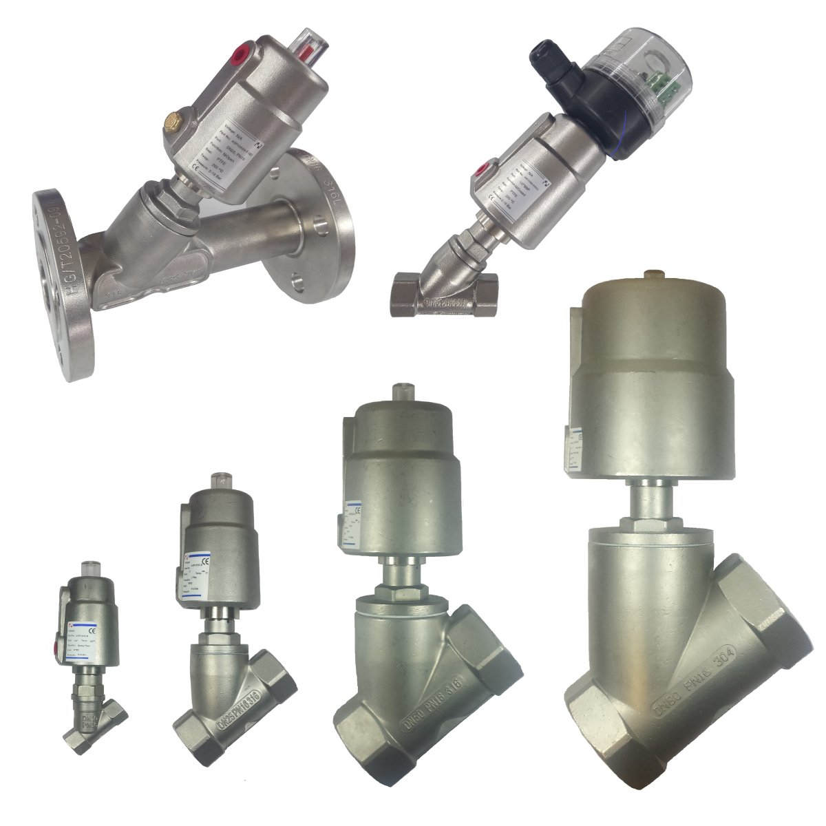 Pneumatic angle seat piston globe valves