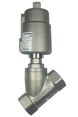Angle seat piston pneumatic actuated globe valves, sizes 3/8 to 4 inch thread + flange Rated 16 Bar 200C 2/2 way normally closed, 316 Stainless steel with PTFE seals.