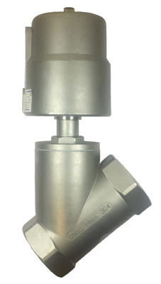 Air actuated angle seat piston valves, 2/2 way double acting with spring assist closed suitable for air, water, oil, grease, vacuum, steam, thick viscous fluids, acids and alkali's.