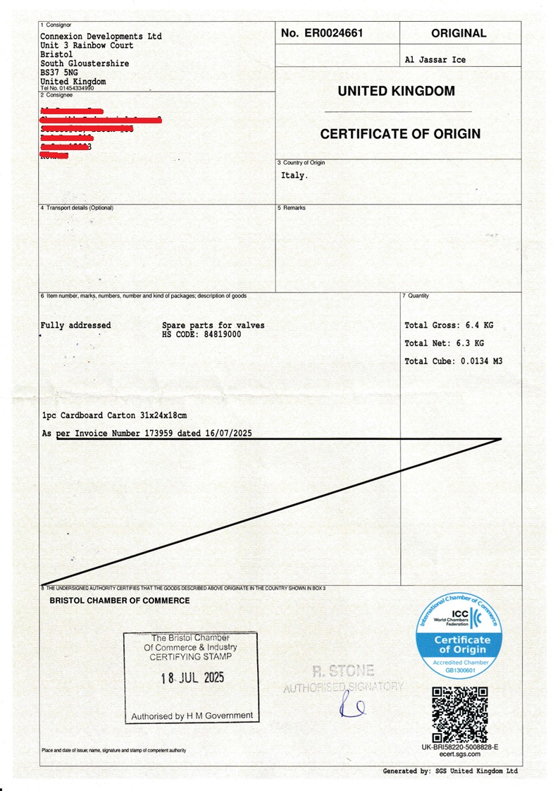 Original Certificate of Origin by Chamber of Commerce at Origin