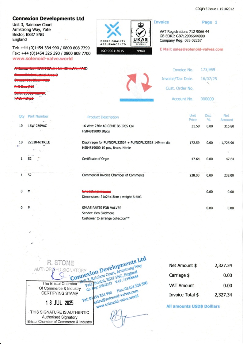 Commercial Invoice Attested by Chamber OF Commerce at Origin