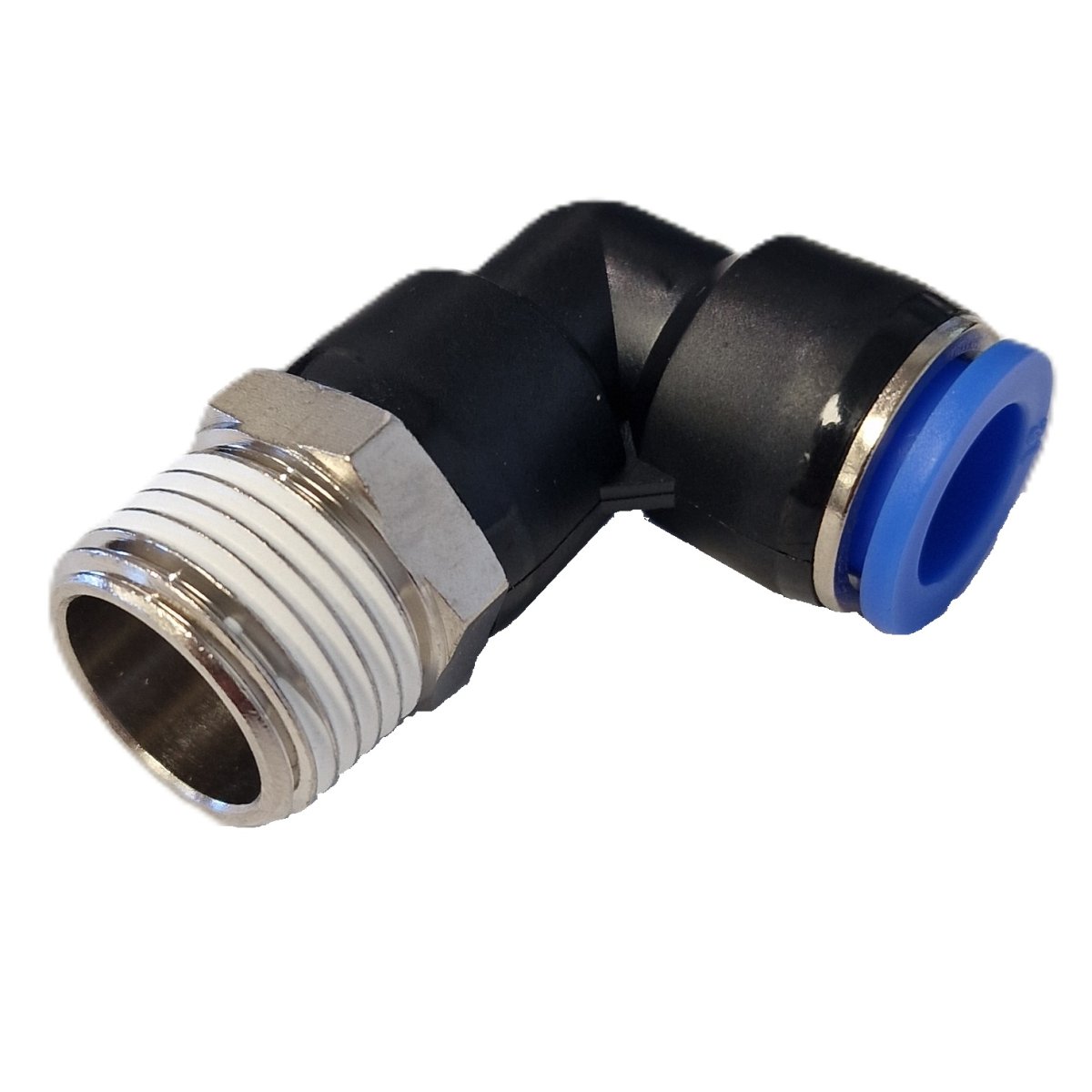 Male and female BSP and metric pneumatic push to connect elbow fittings