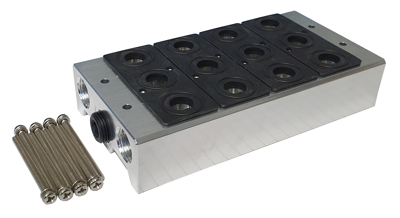 Pneumatic air manifolds and blanking plugs for valve systems. Multi-station manifolds, mounting kits and BSP plugs for air distribution, system expansion and sealing unused ports.