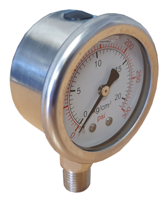 Pressure gauges for monitoring system pressure in air, water and industrial applications. Available in brass and stainless steel with multiple sizes and pressure ranges.