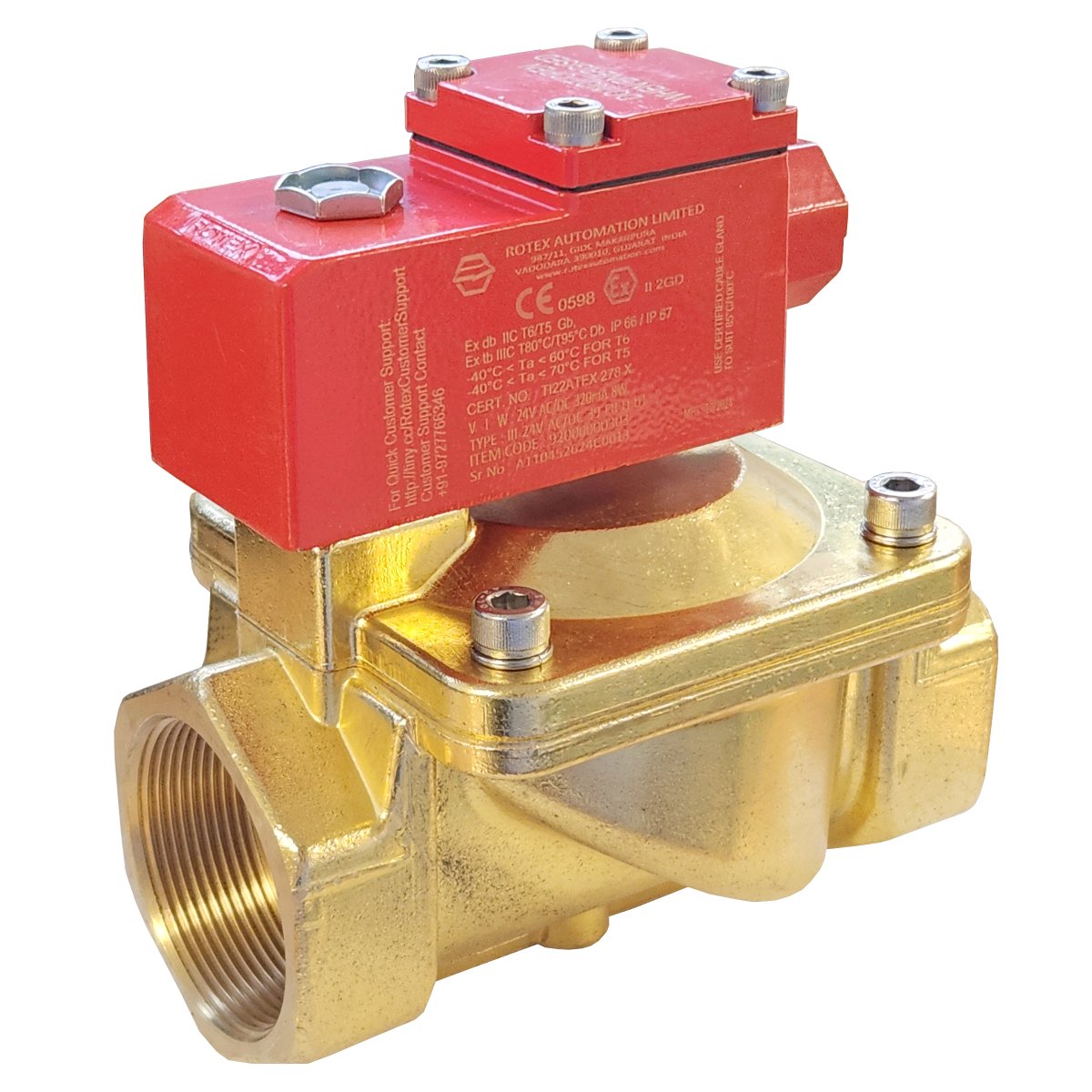 A robust ATEX solenoid valve with an Exd flameproof enclosure installed in an industrial processing facility.