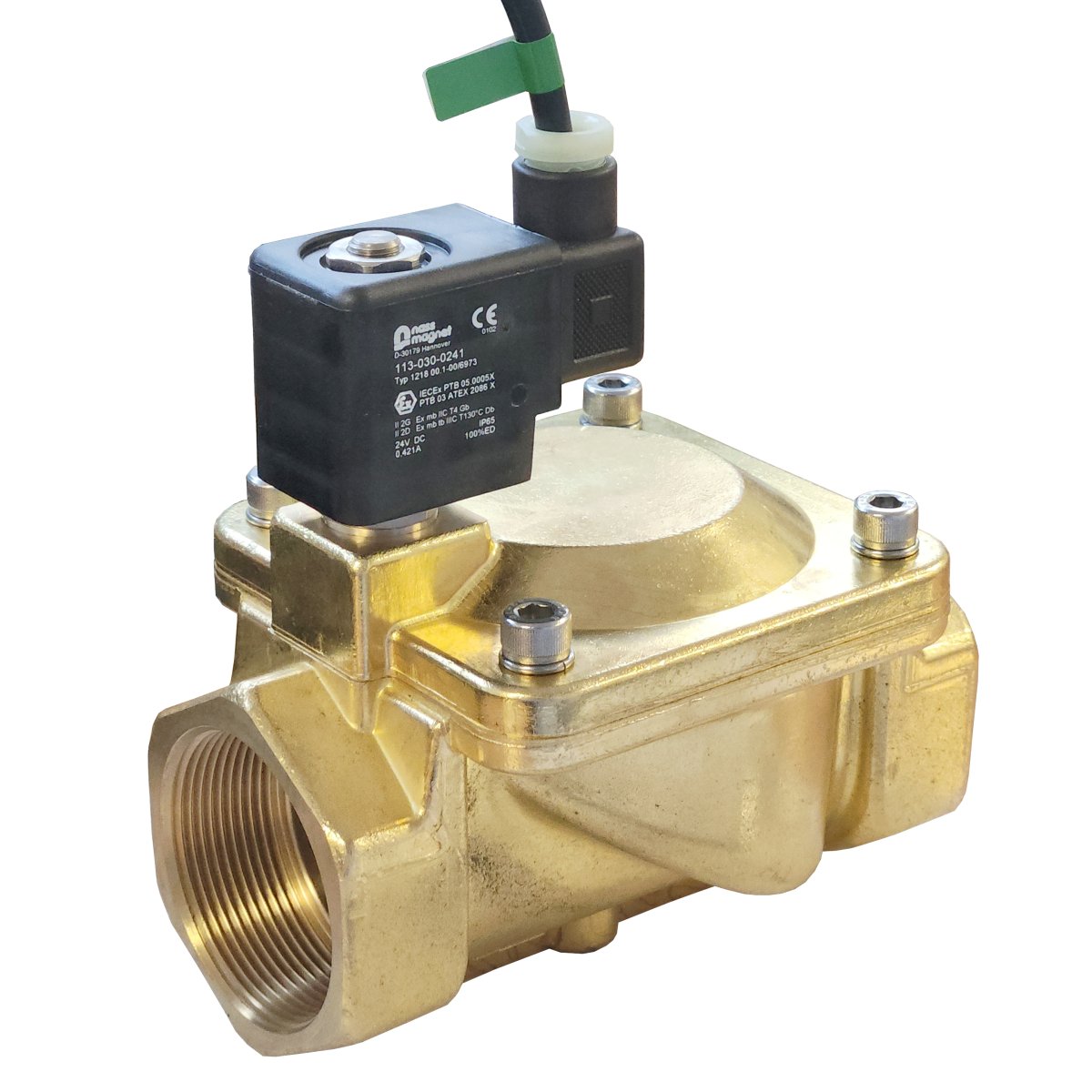 An ATEX solenoid valve with encapsulation protection shown in an industrial setting
