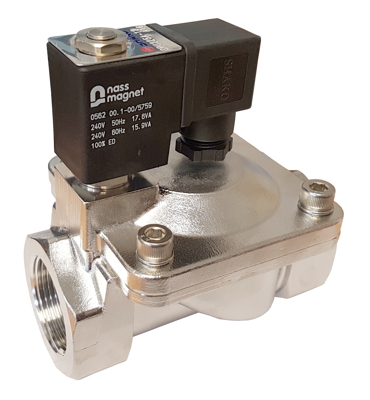 Stainless steel solenoid valves 2/2 way normally closed servo assisted that require a minimum 0.5 Bar pressure difference to open + close.