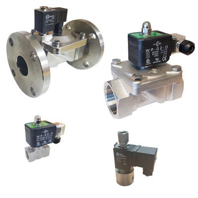 Search Stainless steel solenoid valves by thread+ flange size 1/8 to DN500, 2 + 3 way normally closed, open + latching function.