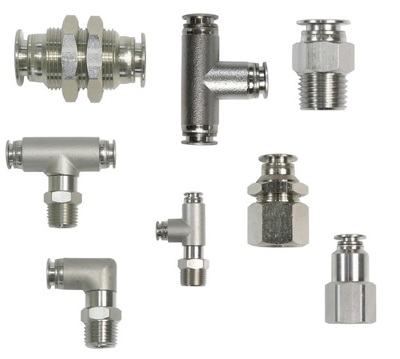 316 Stainless steel pneumatic push in fittings 4-12mm M5 to 1/2 BSP thread, compressed air to 10 Bar to +180°C available online at solenoid valve world