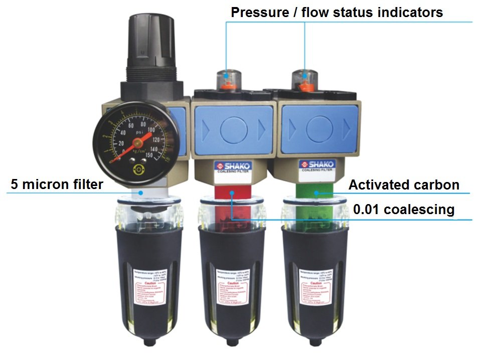 5 micron filter regulator, 0.01 coalescing + activated carbon filter set